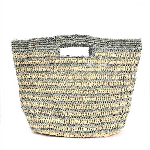 【SALE】ラフィアかぎ編みバッグ 細ボーダー四角穴ハンドルミニ ナチュラルxグレー @5600→3900