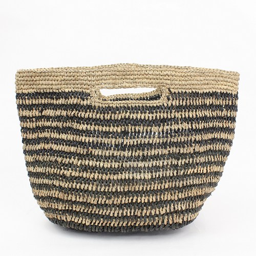 ラフィアかぎ編みバッグ 細ボーダー四角穴ハンドルミニ 黒x紅茶