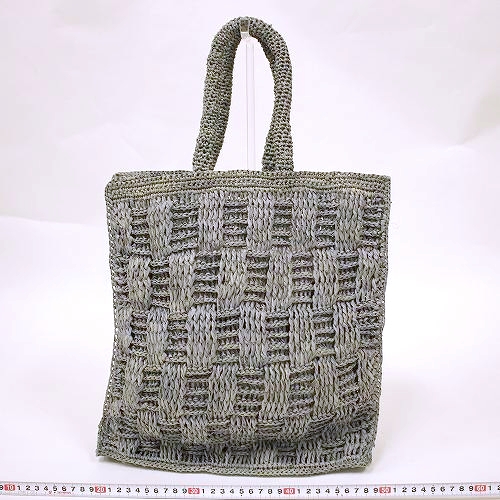 ラフィアかぎ編みバッグ チェッカー編み 四角 グレー 一点もの @11000→8800円