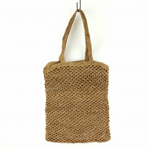 ラフィアかぎ編みバッグ 網透かしバッグぺたんこ 紅茶