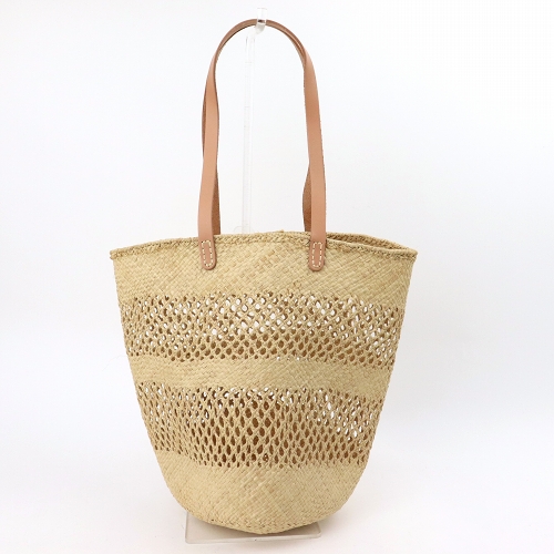 ラフィアトレッセバッグ 透かしボーダー 革ハンドル