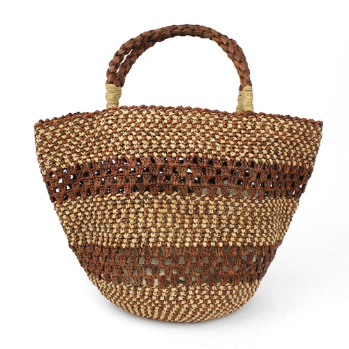 ラフィアかぎ編みバッグ 細編みしましまチェッカーボーダー 茶