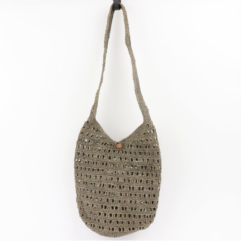 ラフィアかぎ編みバッグショルダー 透かしボーダー 紅茶グレー