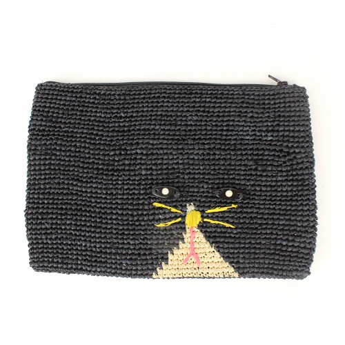 ラフィアかぎ編みポーチ ねこ