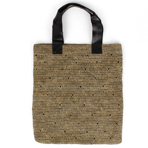 ラフィアかぎ編みバッグ ランダム穴平革ハンドル 黒手