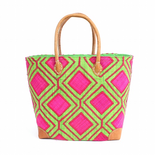 ラフィアラバンカゴ ハチの巣柄 大 ピンク黄緑