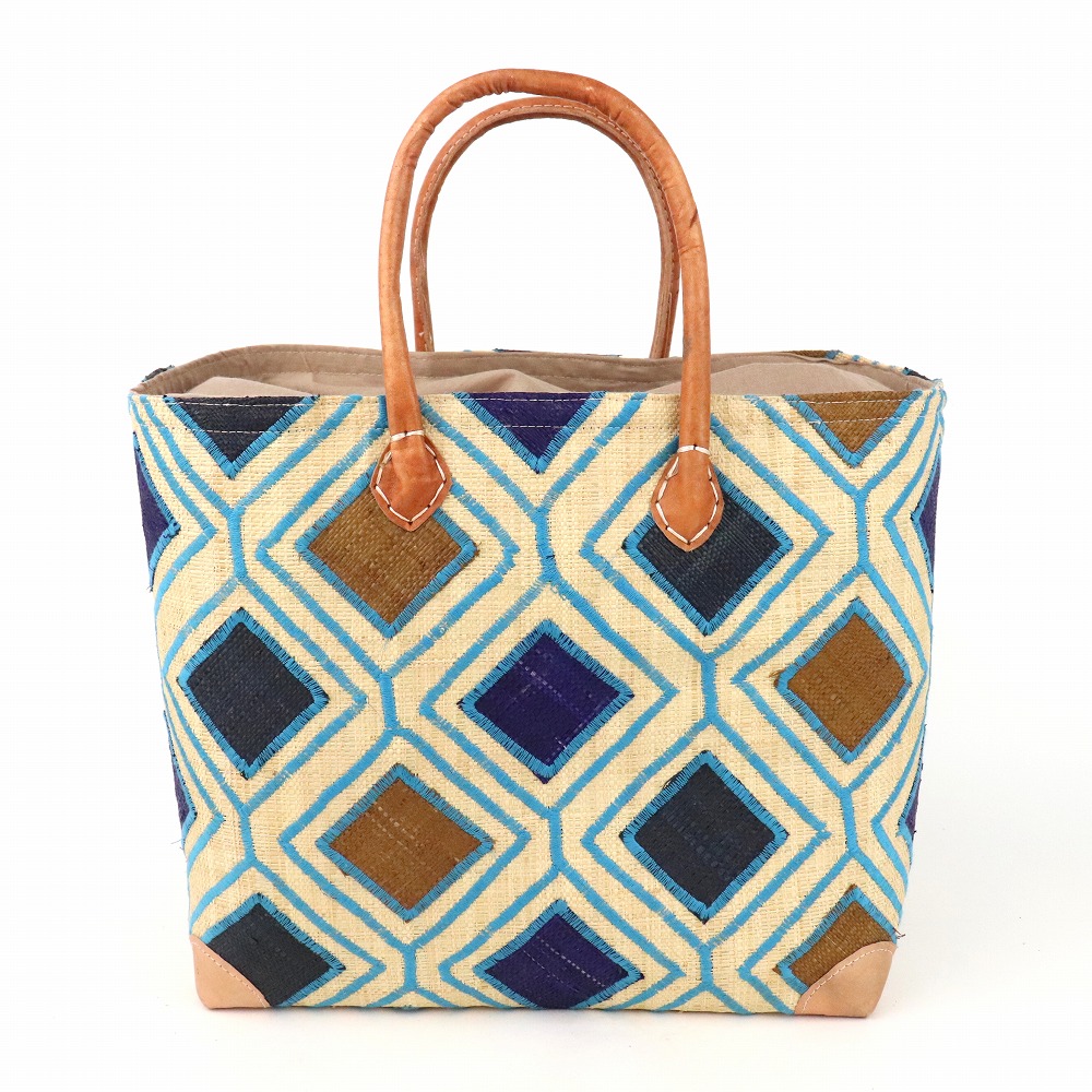 ラフィアラバンカゴ ハチの巣柄 大 水色茶色