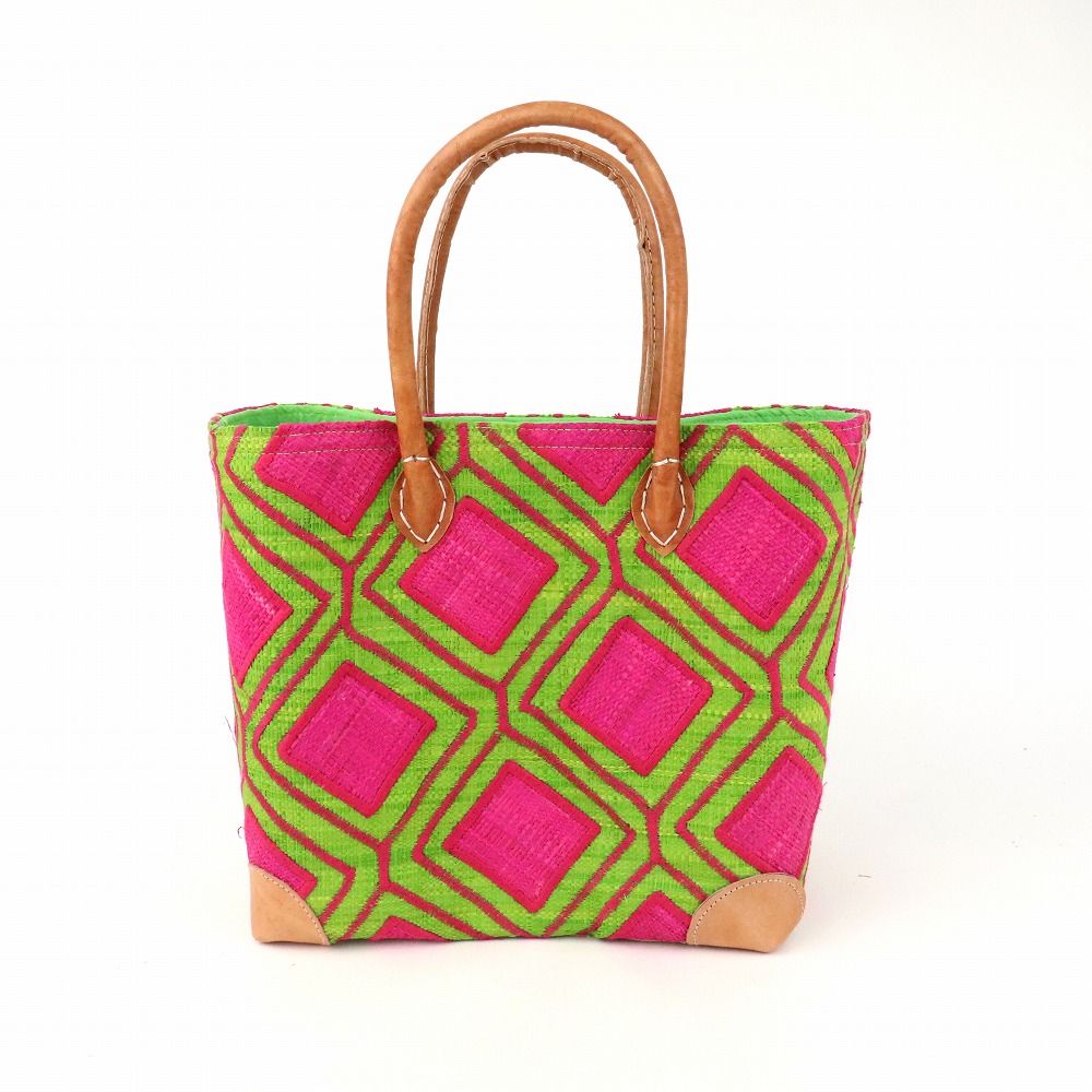 ラフィアラバンカゴ ハチの巣柄 中 ピンク黄緑