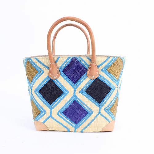 ラフィアラバンカゴ ハチの巣柄 中 水色茶色 布ベージュ 革ベージュ