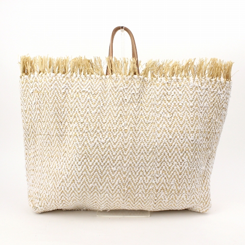 ラフィアコットン布バッグ 革ハンドル縁フリンジ ギザギザ白