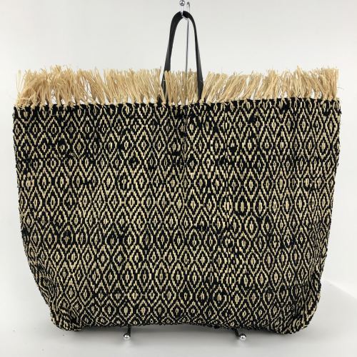 ラフィアコットン布バッグ 革ハンドル縁フリンジ ひし形黒