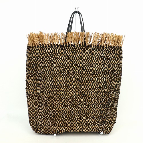 ラフィアコットン布バッグ 革ハンドル縁フリンジ ひし形 黒ベージュ