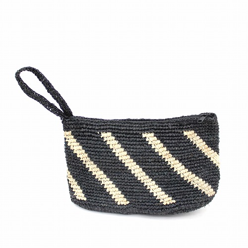 【SALE】ラフィア かぎ編みポーチ 斜めストライプ ストラップ付 ファスナー @5000→3500