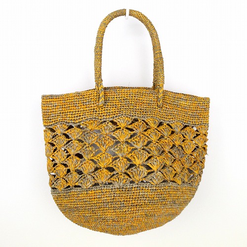 ラフィアかぎ編みバッグ 松透かし2本引編 丸底 紅茶グレーやまぶき