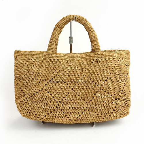 ラフィアかぎ編みバッグ 横長 モロッコ柄透かし コーヒーベージュ