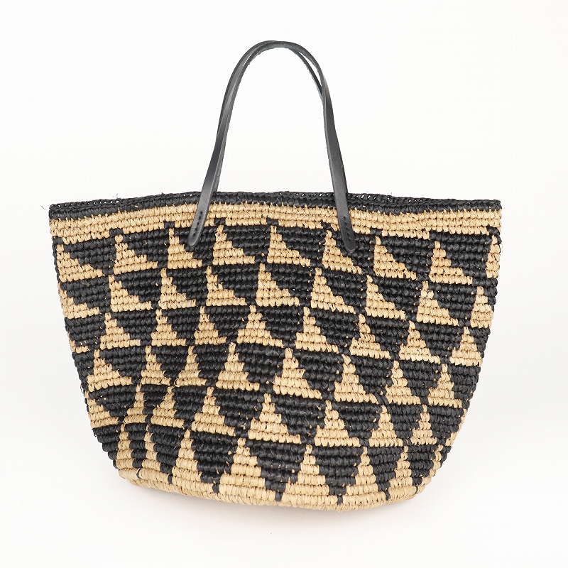 ラフィアかぎ編みバッグ 丸底三角柄 革ハンドル 紅茶黒