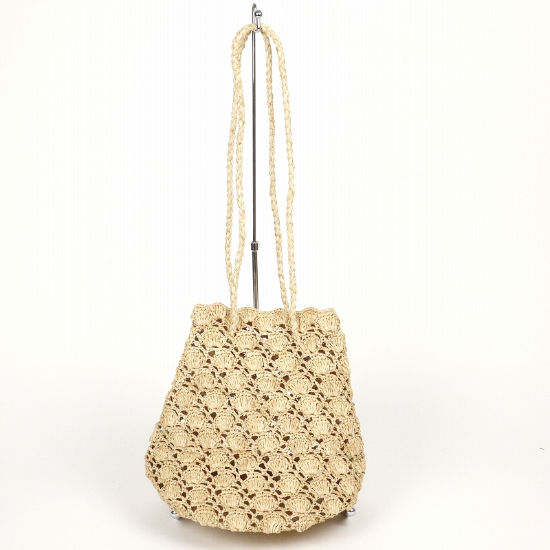 ラフィアかぎ編みバッグ 丸底花鱗 NAT