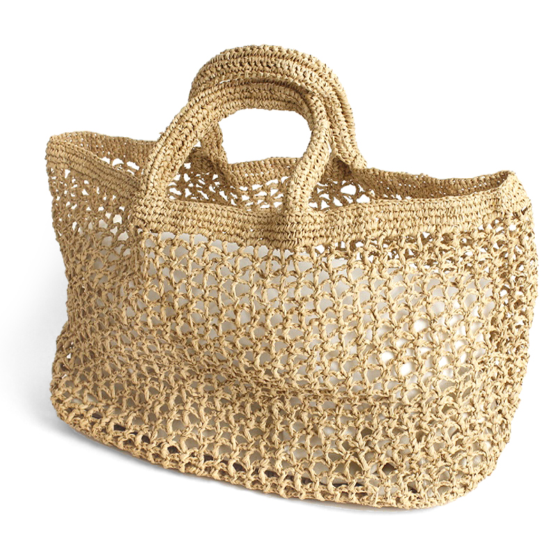 ラフィアかぎ編みバッグ 横長透かしおじぎ 紅茶