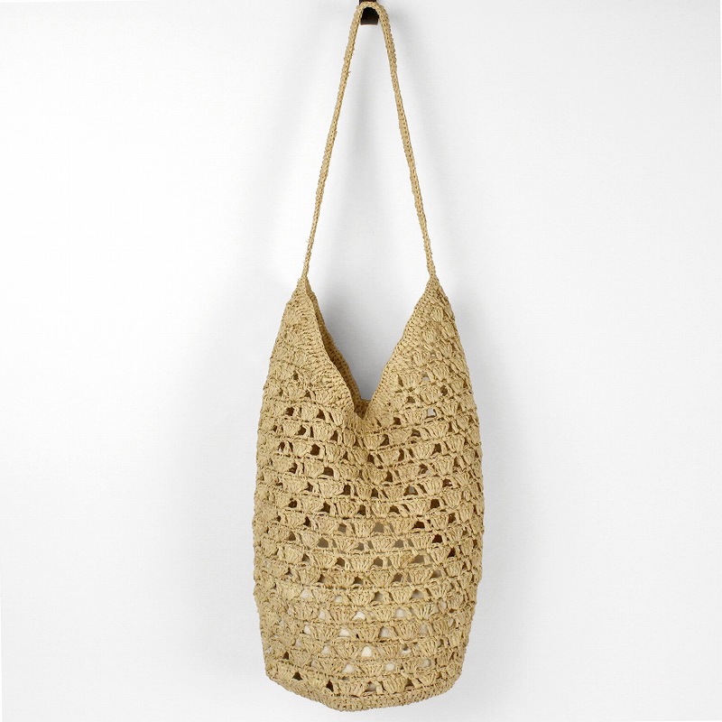 ラフィアかぎ編みバッグ 扇透かし 肩さげ NAT