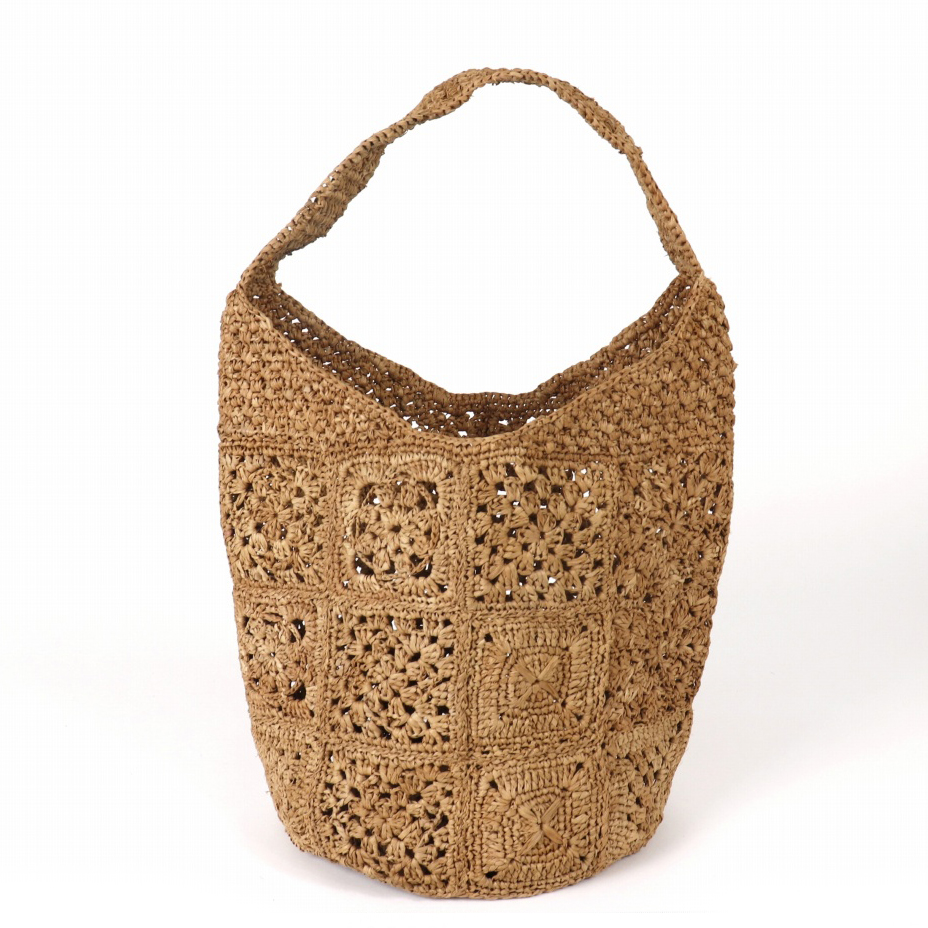 ラフィアかぎ編みバッグ 丸底 四角パッチワーク 紅茶