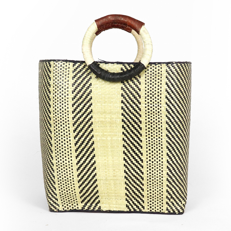 水草カゴ 柄たて切替 黒NAT ラフィアハンドル