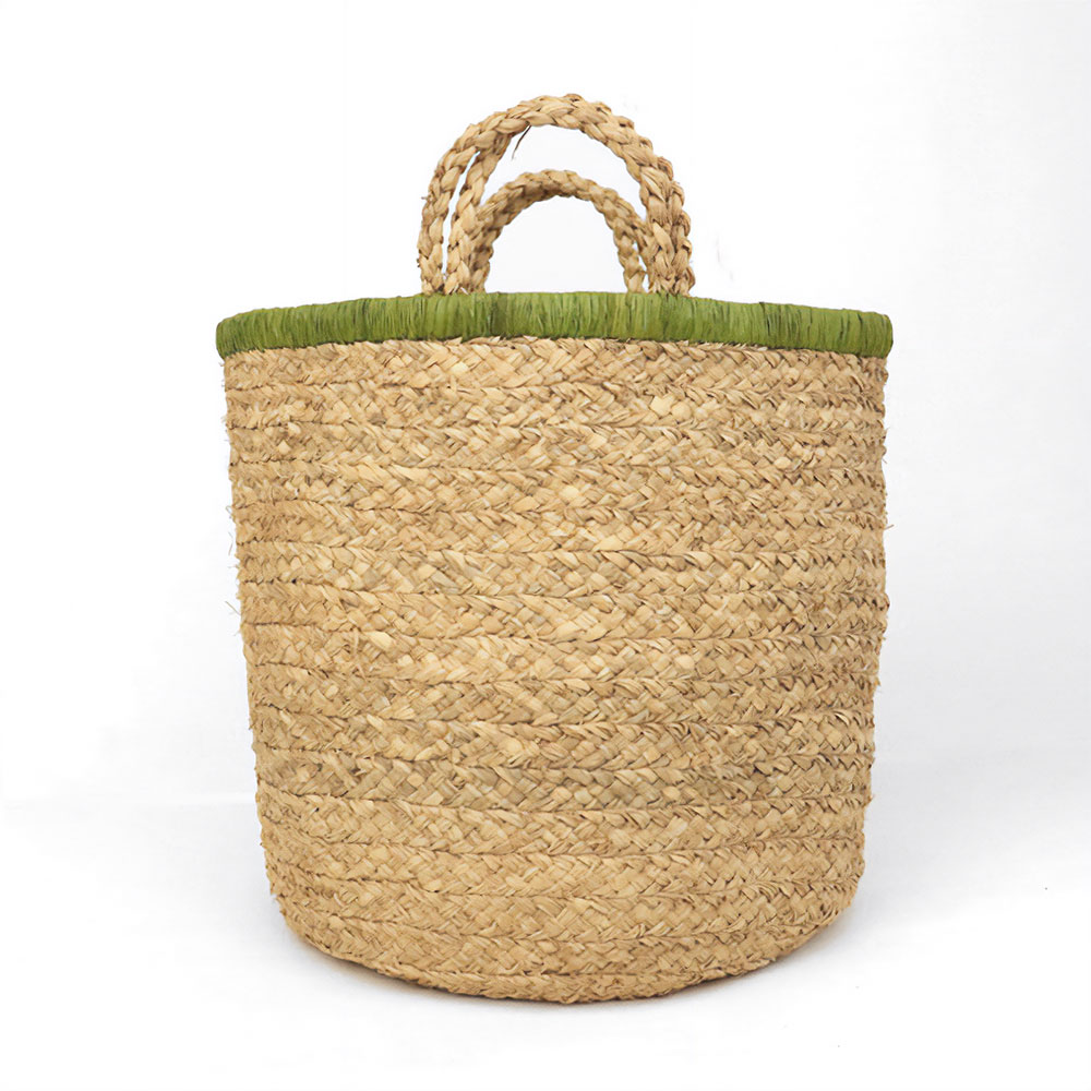 ラフィアブレードバスケット 縁カラーハンドル2本 アボカド