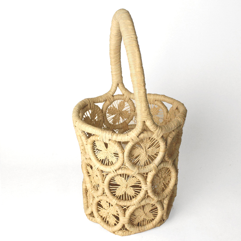 ラフィアマクラメ透かしかご 丸底1本手 四つ葉 NAT