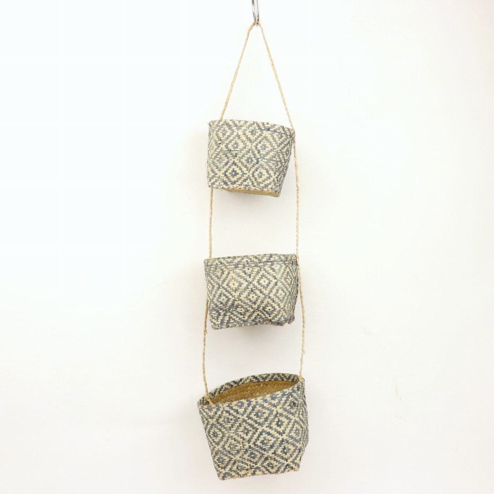 ラフィアラバンかご3連 ひし形 薄グレー