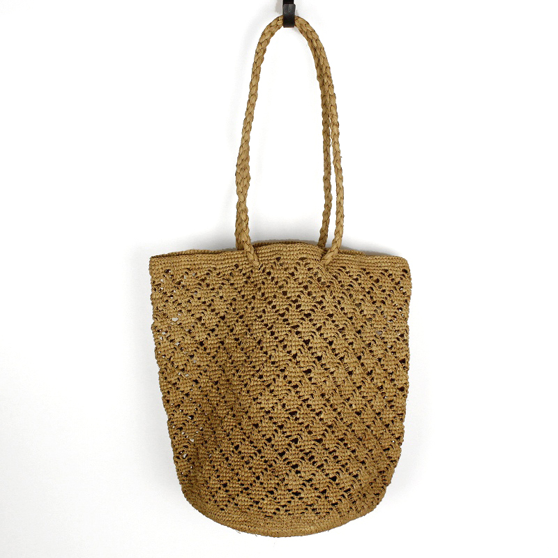 ラフィアかぎ編み波透かしバッグ 丸底
