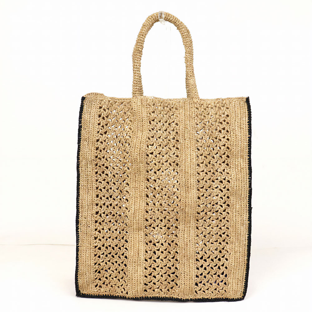 ラフィアかぎ編みバッグ 透かしストライプ四角 紅茶黒