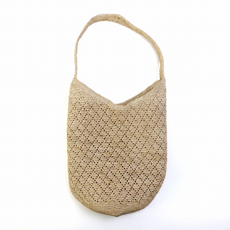 ラフィアかぎ編み波透かしバッグ 丸底 肩下げ NAT