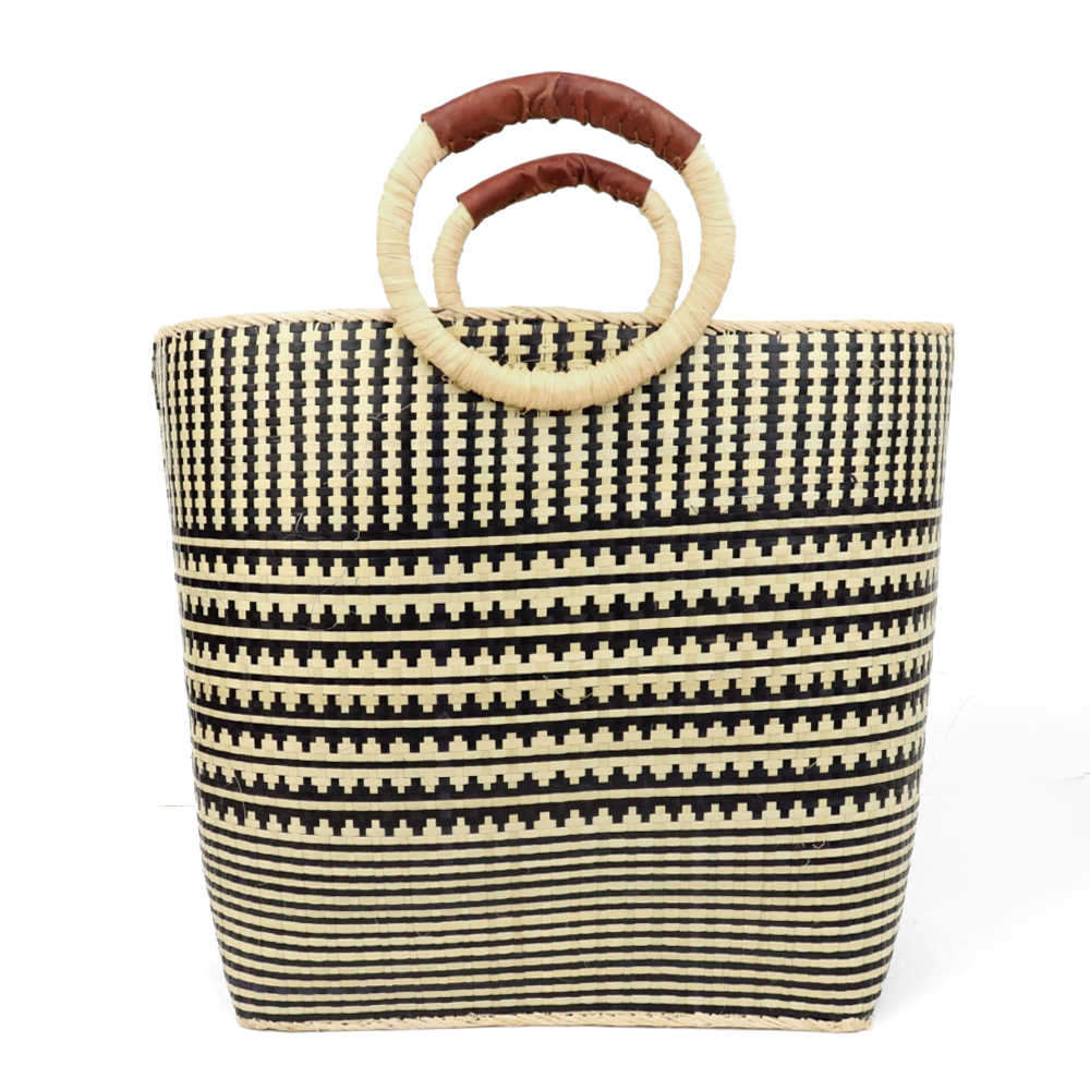 水草カゴ 柄よこ切替 黒NAT ラフィアハンドル