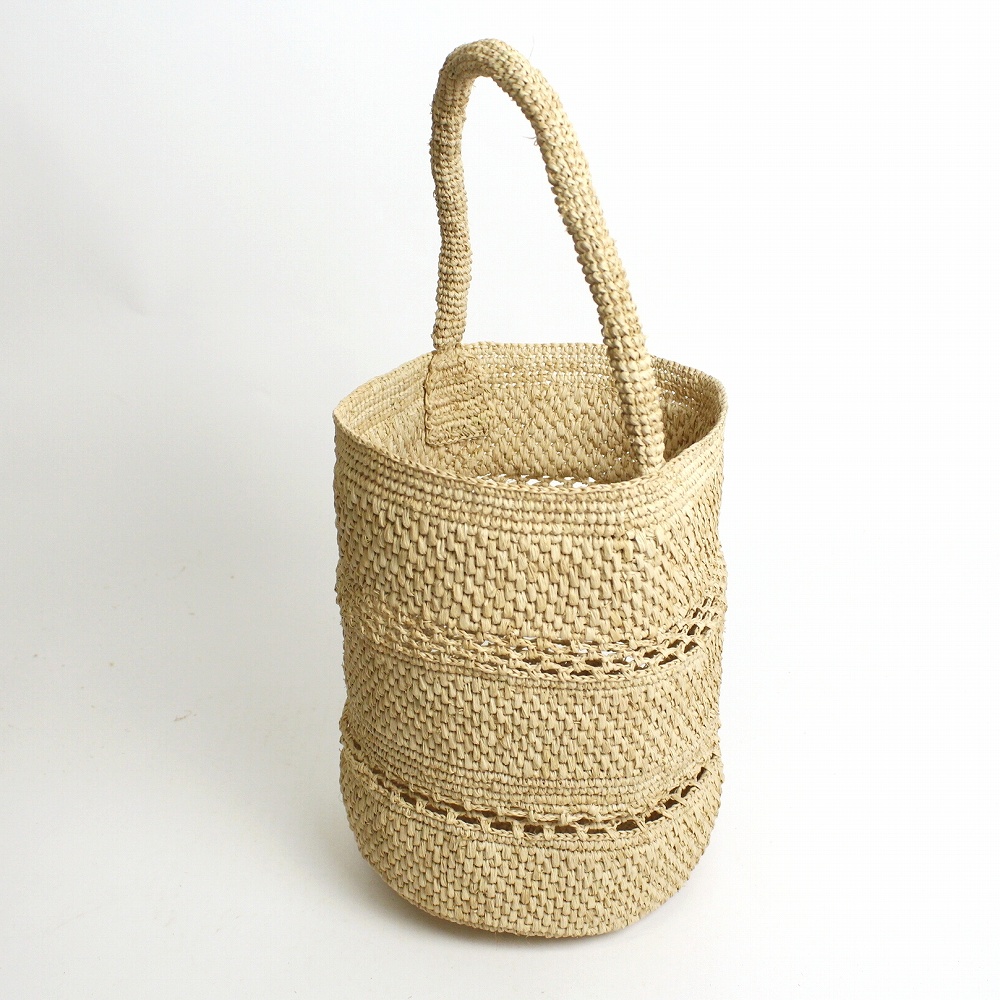 ラフィアかぎ編みバッグ 筒形柄切替 1本手 NAT