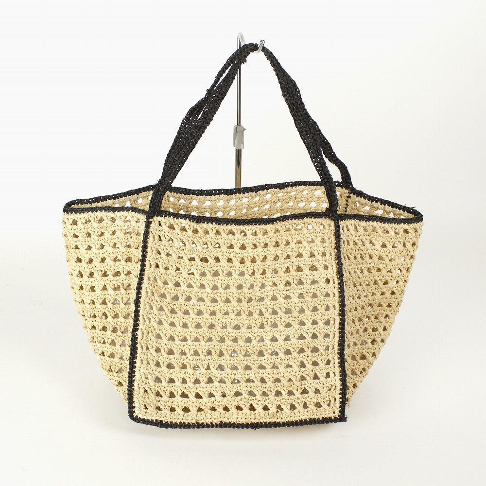 ラフィアかぎ編みバッグ 透かし正方形 NAT黒