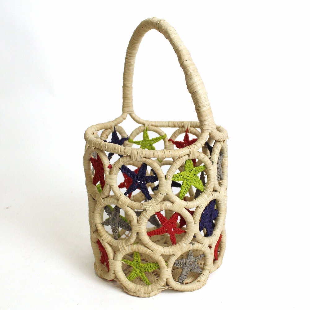 ラフィアマクラメ 星柄 丸底1本手 紺ピスタチオグレー赤