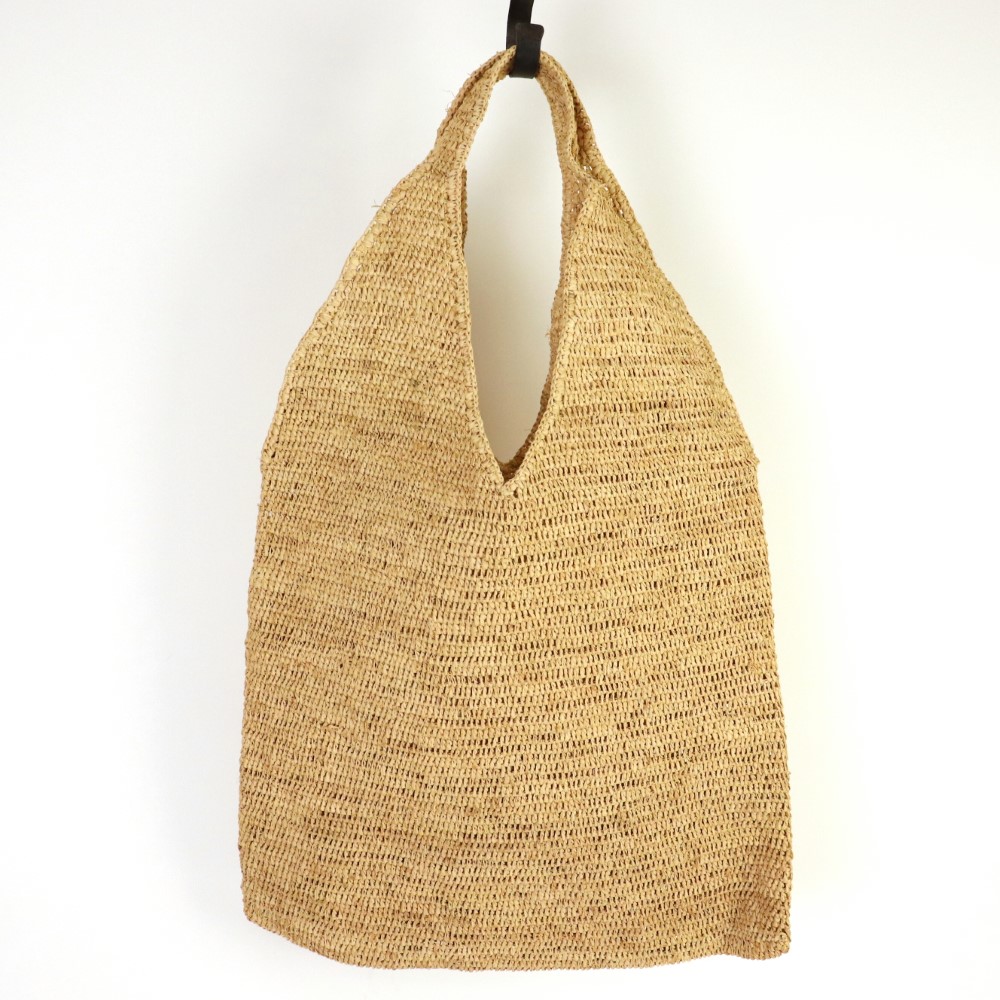 ラフィアかぎ編みバッグ 平底山縁2本手