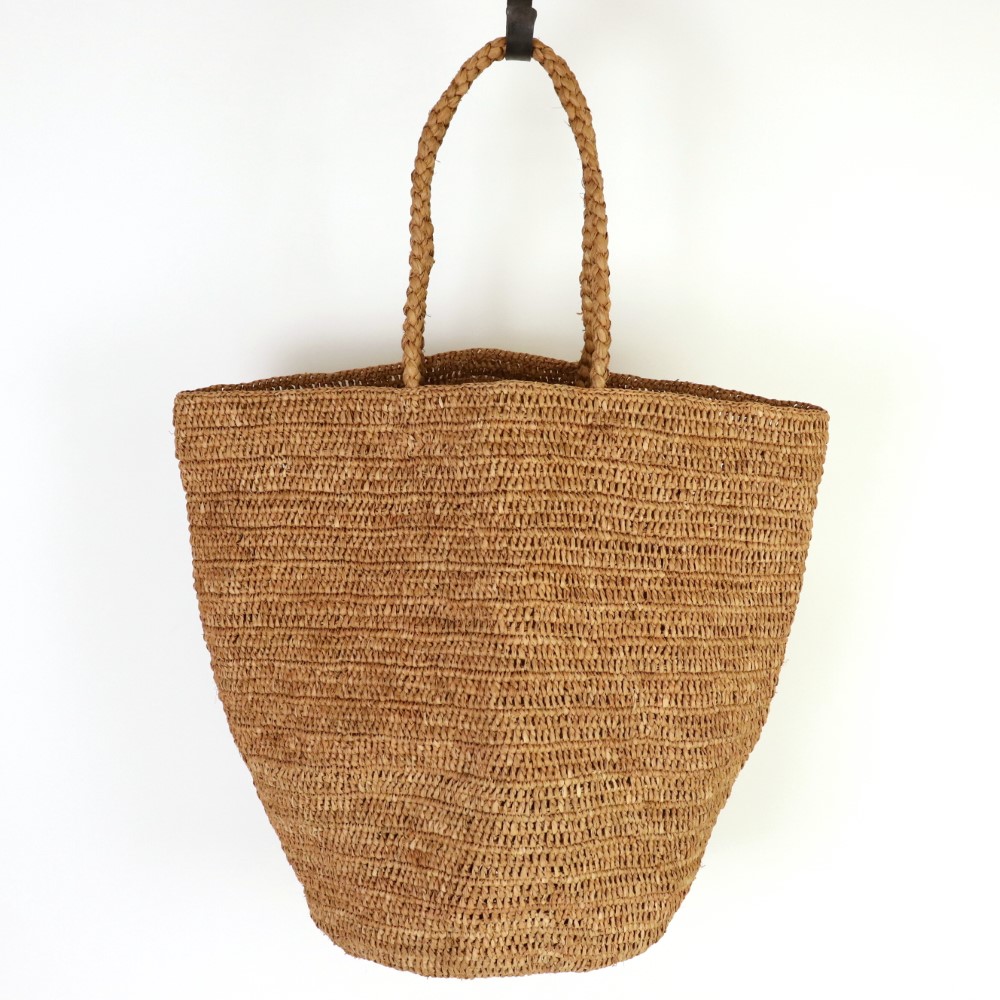 ラフィアかぎ編みバッグ 丸底長編 紅茶