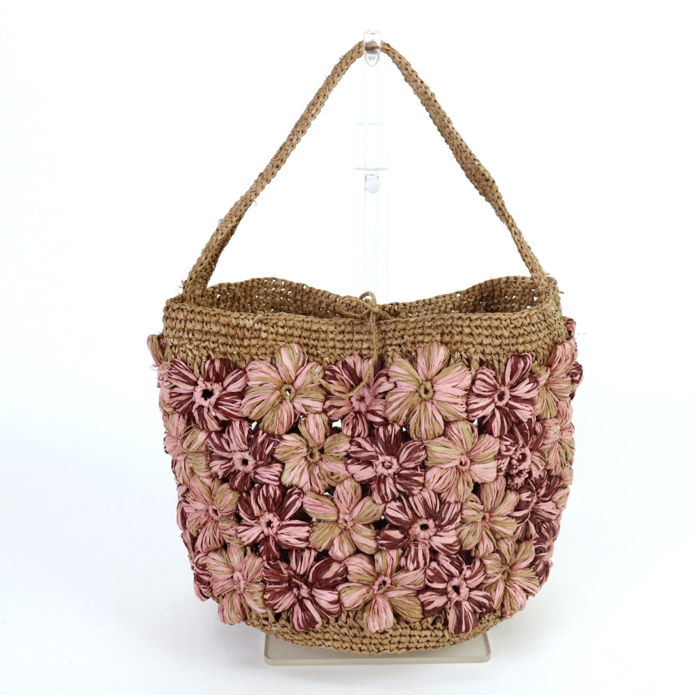ラフィアバッグ 花パッチワーク丸底 1本手