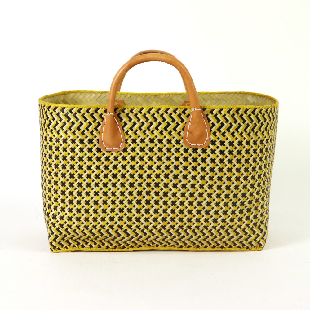 水草 横長かご 革手 黄