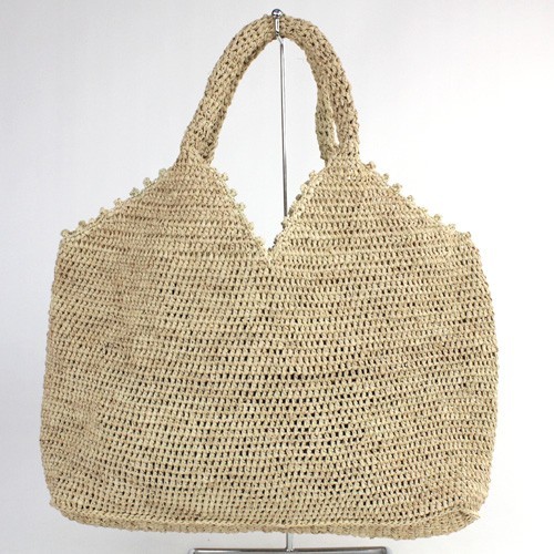 ラフィア細編バッグ四角デコ ナチュラル