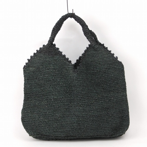 ラフィア細編バッグ四角デコ 黒