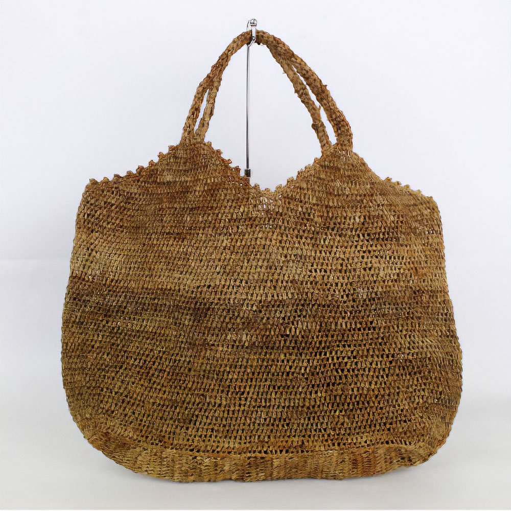 ラフィア細編バッグ四角デコ 薄茶