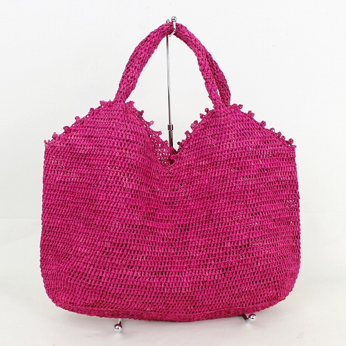 ラフィア細編バッグ四角デコ フシア