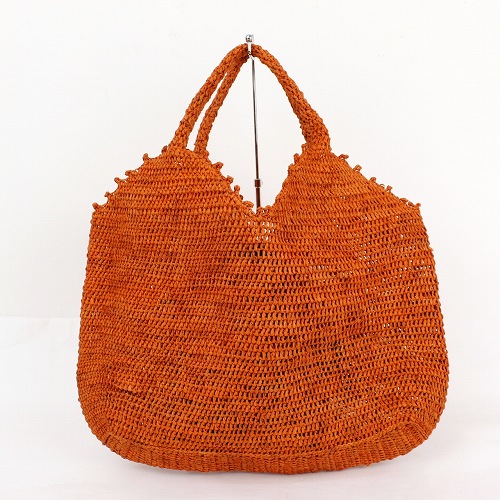 ラフィア細編バッグ四角デコ オレンジ