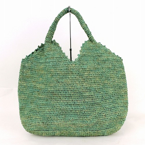 ラフィア細編バッグ四角デコ ミントグリーン