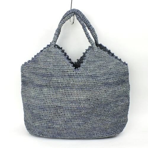 ラフィア細編バッグ四角デコ 19ブルーグレー
