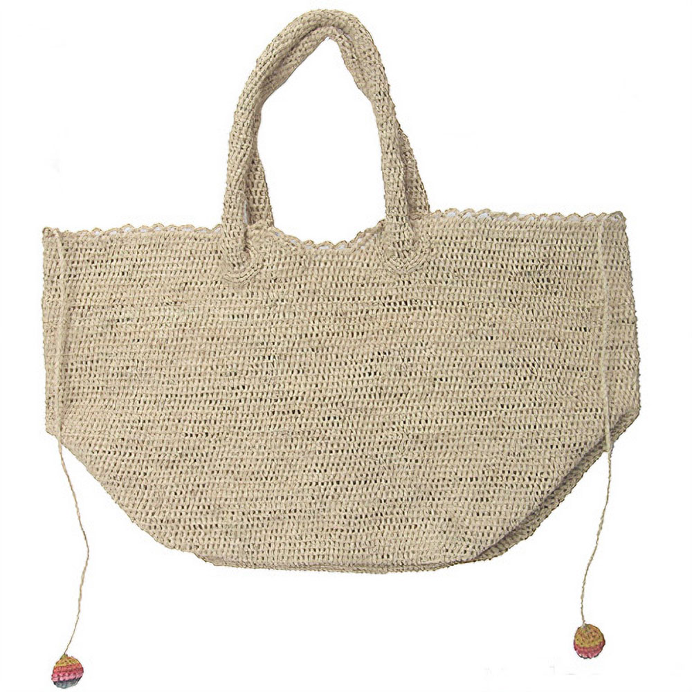 【10%OFF】ラフィア編トートバッグ大 紐 虹ポンポン付 ナチュラル ￥9000→8100