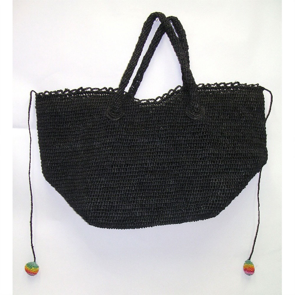 ラフィア編トートバッグ大 紐 虹ポンポン付 黒