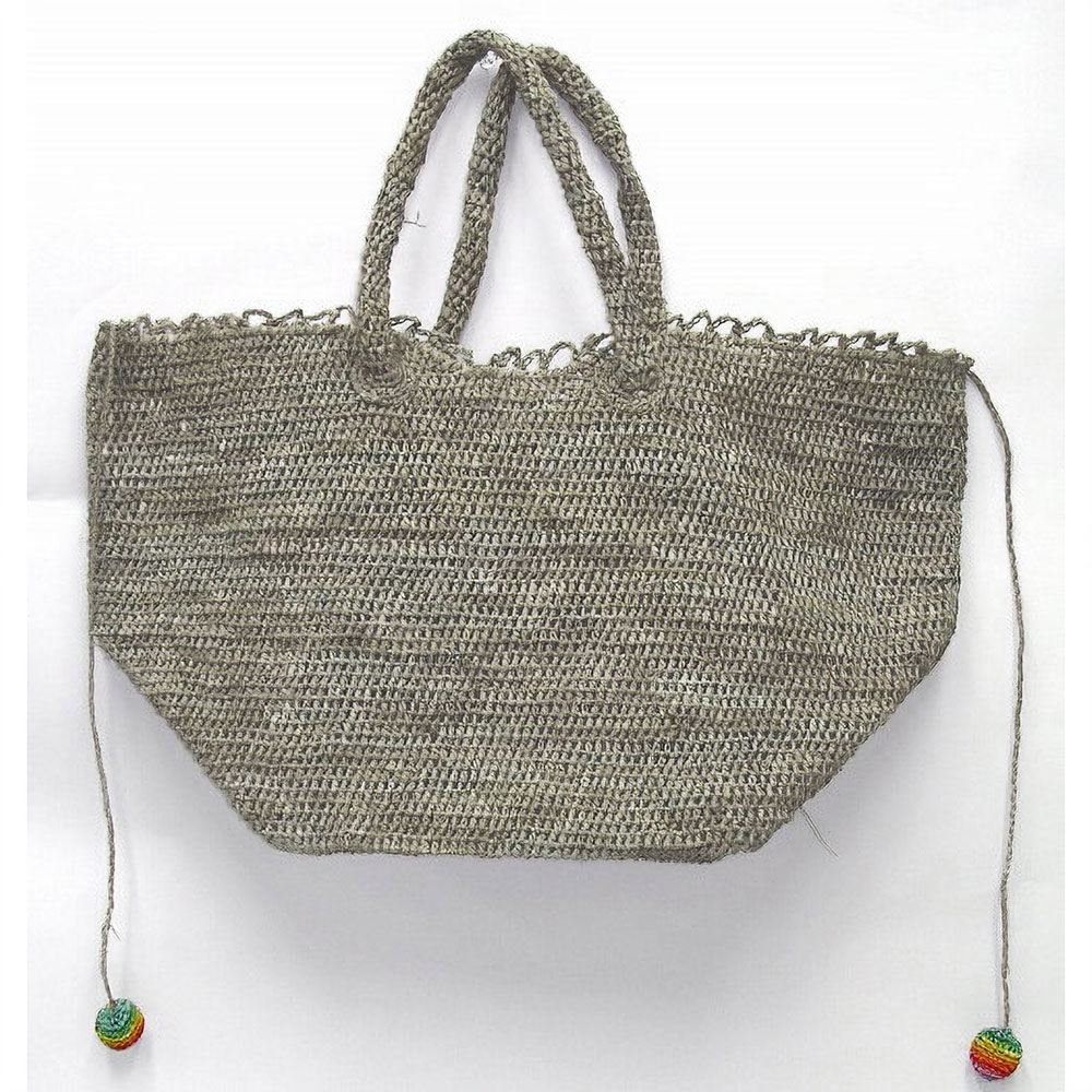ラフィア編トートバッグ大 紐 虹ポンポン付 グレー