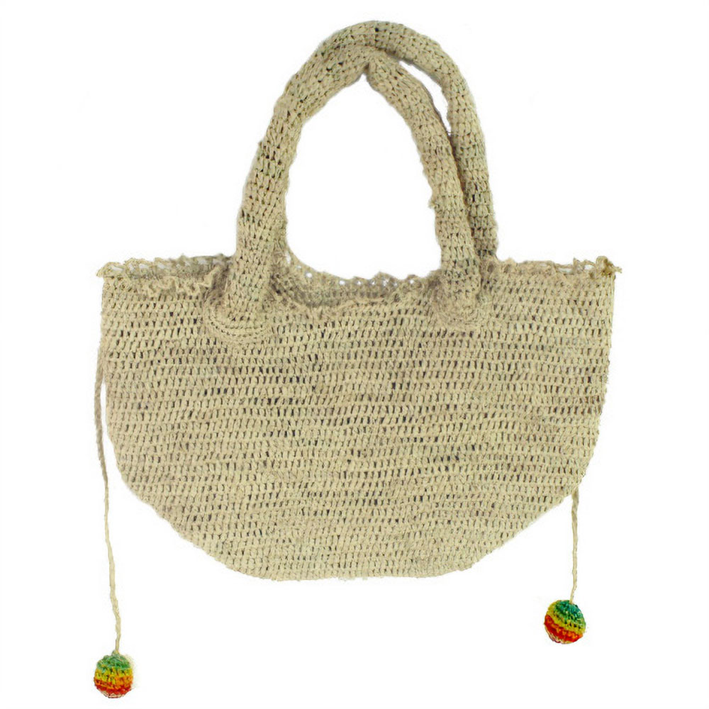 ラフィア編トートバッグ小 紐 虹ポンポン付 ナチュラル